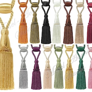 May include: A collection of 18 decorative tassel tiebacks in various colors, including gold, orange, green, purple, and pink. Each tieback features a looped cord with a decorative bead and a tassel.