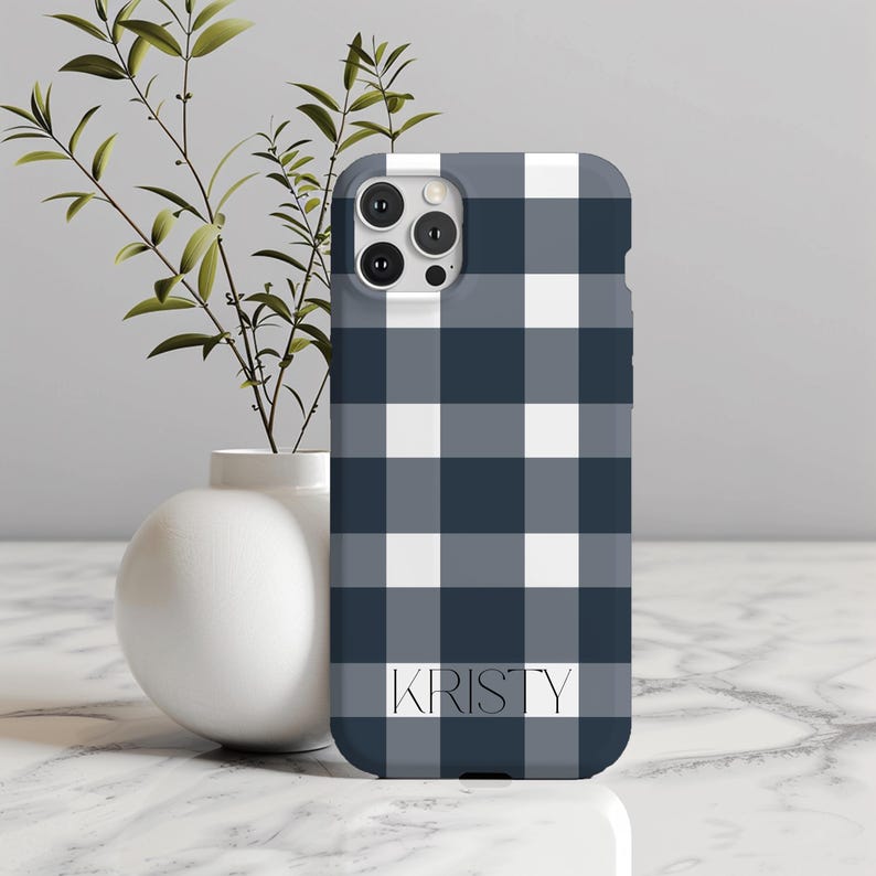 blue phone case minimal aesthetic custom phone case personalised phone gift for friend unisex phone case name google phone case samsung phone case iphone case plaid check phone case preppy style