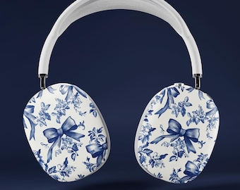 blauwe toile AirPod max case verjaardagscadeau dochter leuke airpod max cover voor vriend toile lint en bloemen airpod max case hoofdtelefoonhoes