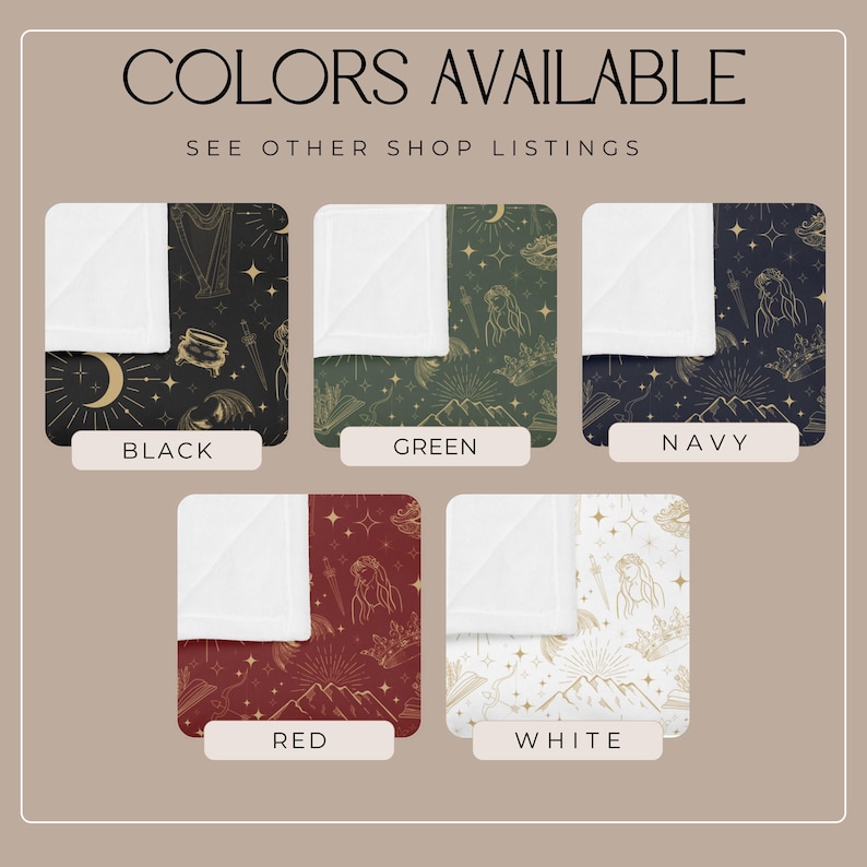 May include: A collage of six different color options for a fleece blanket featuring a gold celestial design with stars, moons, and mountains. The colors are black, green, navy, red, white, and a light beige.