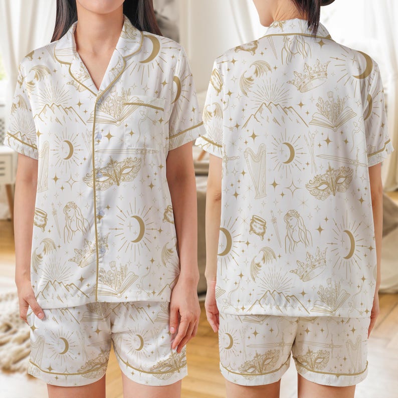 White satin summer pajama set for book lovers with celestial fantasy print, short sleeve top and matching shorts