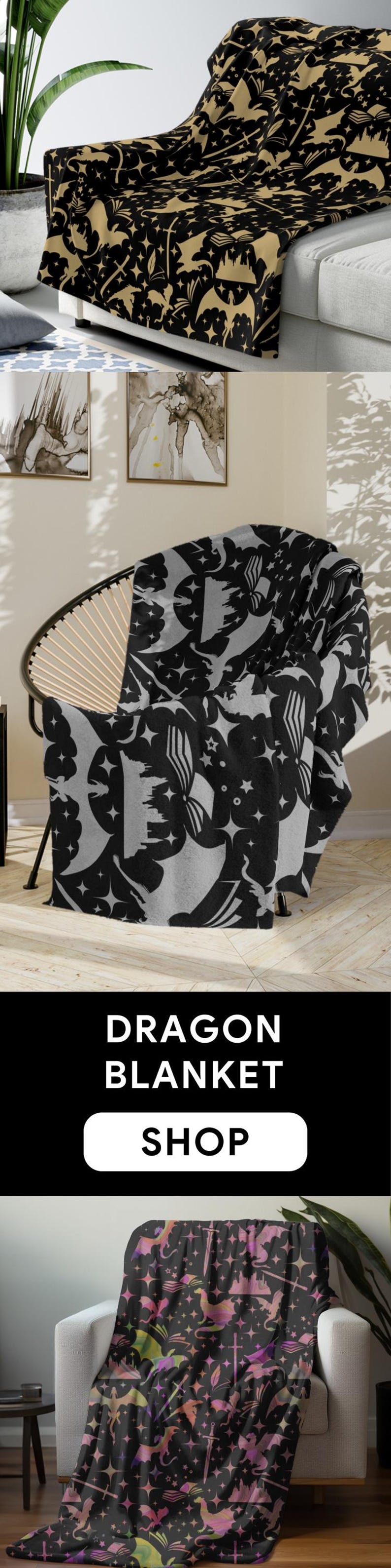 May include: Three different throw blankets with a black background and a repeating pattern of dragons, stars, and swords. The blankets are shown draped over furniture. The text "Dragon Blanket Shop" is displayed on a black background.