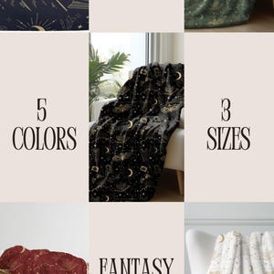 May include: A fantasy blanket with a gold and white design featuring moons, stars, and a book. The text "BOOK LOVER GIFT IDEA" is at the top of the image. The text "5 COLORS" is on the left side of the image. The text "3 SIZES" is on the right side of the image. The text "FANTASY BLANKET" is in the middle of the image. The text "IMPERA DESIGNS" is at the bottom of the image.
