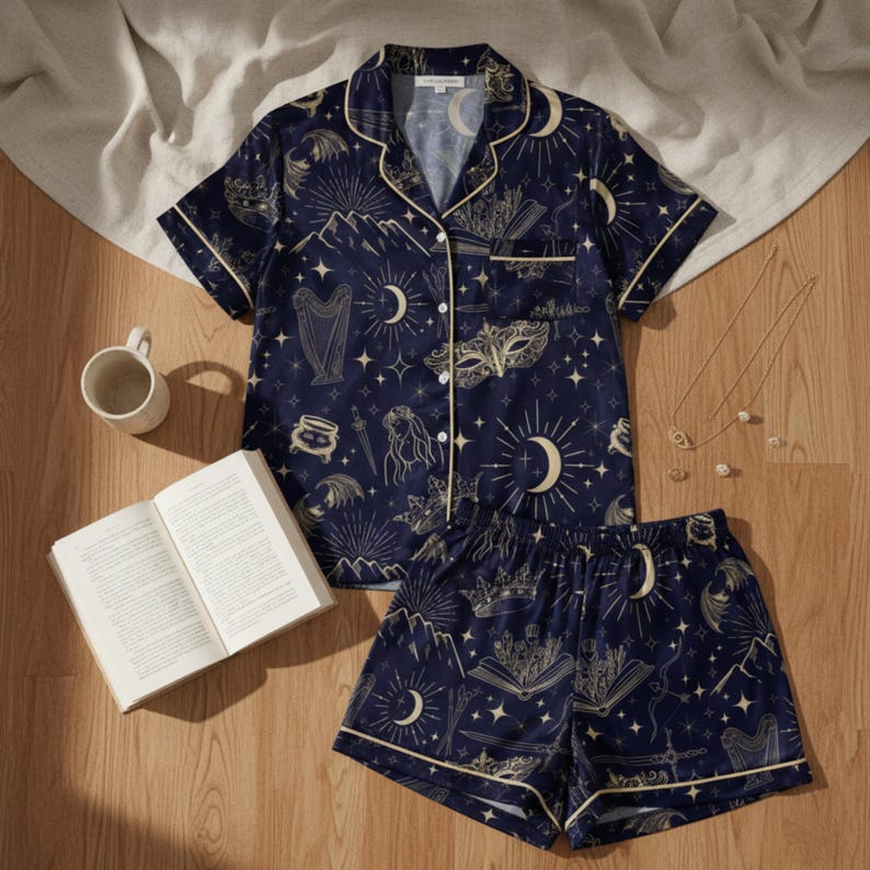 Fantasy Summer pajama set for book lover gift celestial Pjs for bookworm pj set for women satin pajama set for romantasy fans dreamland pjs image 4