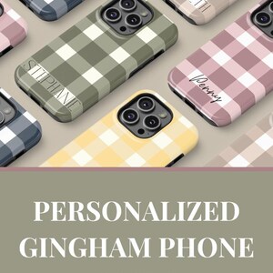 olive green gingham Personalised phone case minimal aesthetic gift for friend iPhone pro max 15 14 13 samsung galaxy phone case google pixel image 9