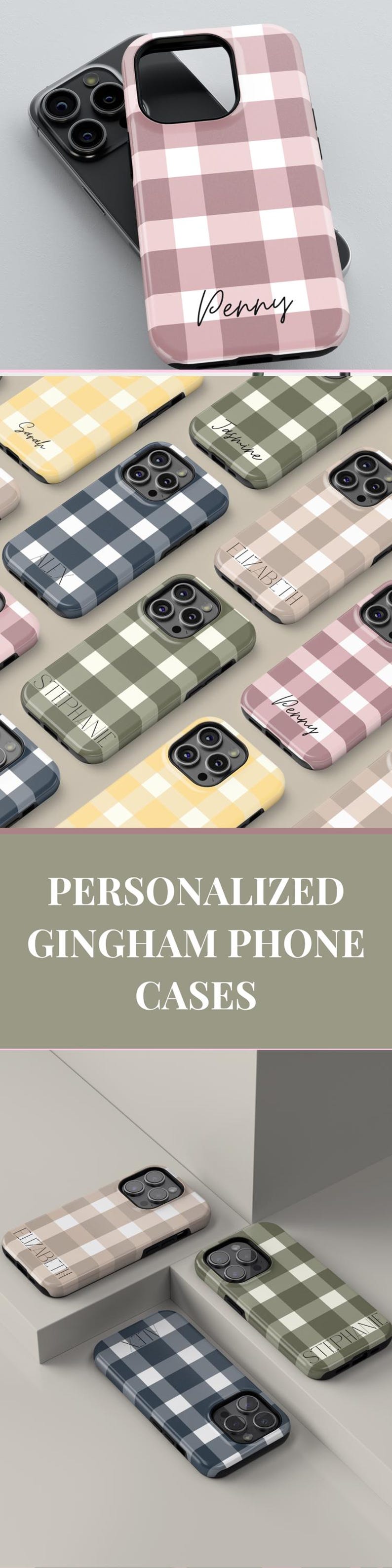 olive green gingham Personalised phone case minimal aesthetic gift for friend iPhone pro max 15 14 13 samsung galaxy phone case google pixel image 9