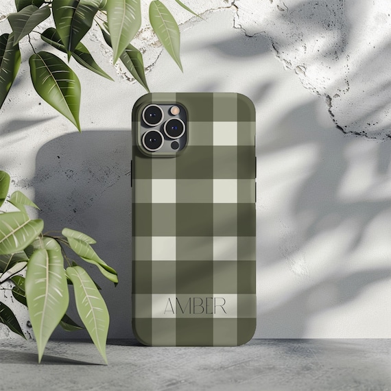 olive green gingham Personalised phone case minimal aesthetic gift for friend iphone pro max 15 14 13 samsung galaxy phone case google pixel