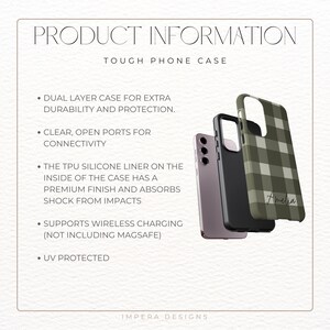May include: A tough phone case with a green and white plaid design. The case is made of two layers for extra durability and protection. It has clear, open ports for connectivity and a TPU silicone liner that absorbs shock from impacts. The case also supports wireless charging (not including MagSafe) and is UV protected. The case has the name "Amelia" written on it.