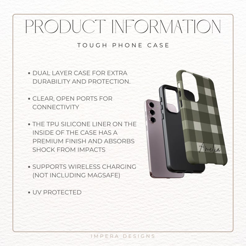 May include: A tough phone case with a green and white plaid design. The case is made of two layers for extra durability and protection. It has clear, open ports for connectivity and a TPU silicone liner that absorbs shock from impacts. The case also supports wireless charging (not including MagSafe) and is UV protected. The case has the name "Amelia" written on it.