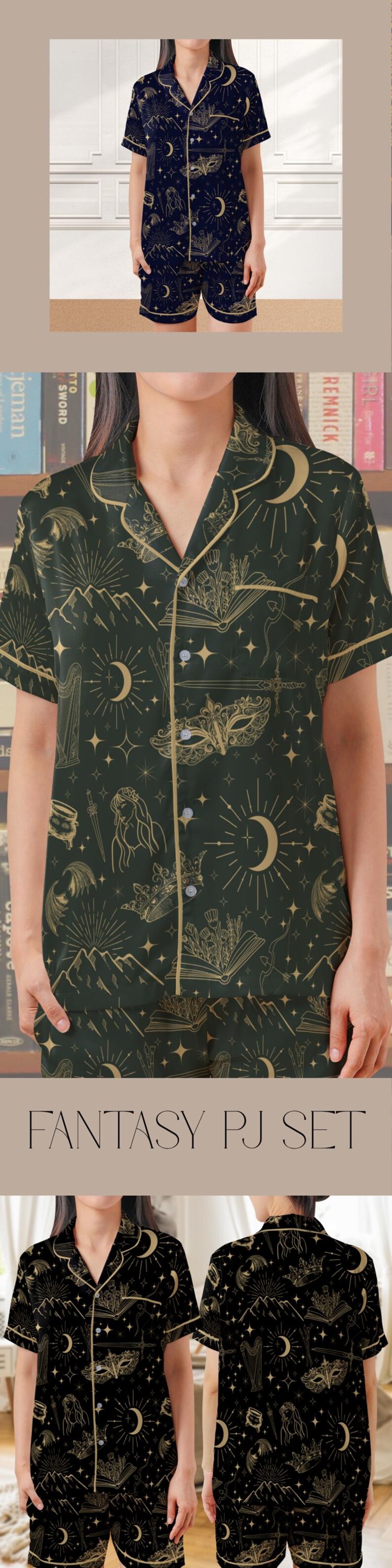 May include: Dark green pajama set with a gold celestial pattern, including moons, stars, mountains, and open books. The set features a button-down shirt with gold trim and matching shorts. The text "FANTASY PJ SET" is visible.