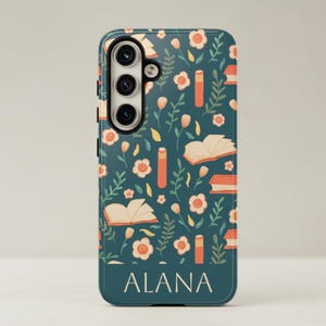 Bookish Phone Case Custom Design Book Pattern Teal floral reader gift for bookworm Literary Accessory Reading Themed Gift Idea Book Lover