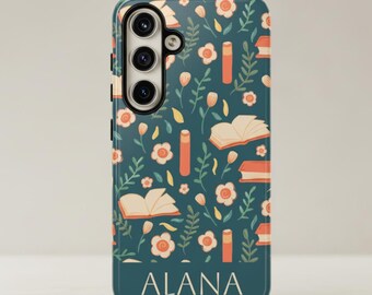 Bookish Phone Case Custom Design Book Pattern Teal floral reader gift for bookworm Literary Accessory Reading Themed Gift Idea Book Lover