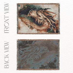 May include: A woven tapestry throw blanket featuring a detailed image of a dragon's head with a textured, faded, and abstract background. The front side of the blanket shows the dragon in warm tones of orange, brown, and green, while the back side shows the dragon in cool tones of blue, gray, and green.