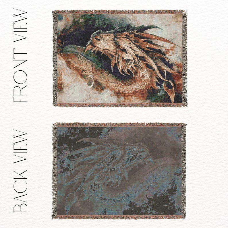 May include: A woven tapestry throw blanket featuring a detailed image of a dragon's head with a textured, faded, and abstract background. The front side of the blanket shows the dragon in warm tones of orange, brown, and green, while the back side shows the dragon in cool tones of blue, gray, and green.