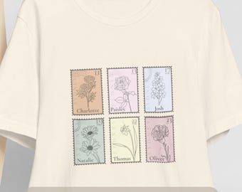 Gepersonaliseerde botanische tshirt vintage stempel ontwerp aangepaste familie geboorte bloem naam T-shirt voor moeder aanpasbare naam cadeau idee verjaardag