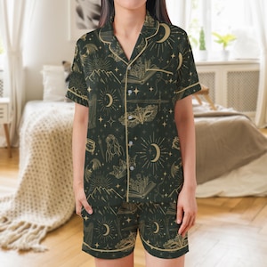 Green satin pajama set with celestial and fantasy motifs, perfect gift for bookworms and romantasy readers
