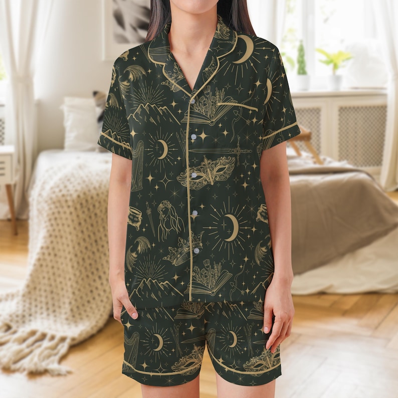Green satin pajama set with celestial and fantasy motifs, perfect gift for bookworms and romantasy readers