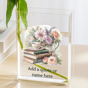 custom floral book vase bookshelf decor book lover personalized gift for book worm book shaped vase with quote bookcase decor vase acrylic
