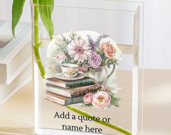 custom floral book vase bookshelf decor book lover personalized gift for book worm book shaped vase with quote bookcase decor vase acrylic