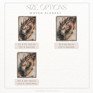 May include: Three woven blanket options featuring a dragon design. The blankets are available in three sizes: 52 x 37 inches, 50 x 60 inches, and 60 x 80 inches.