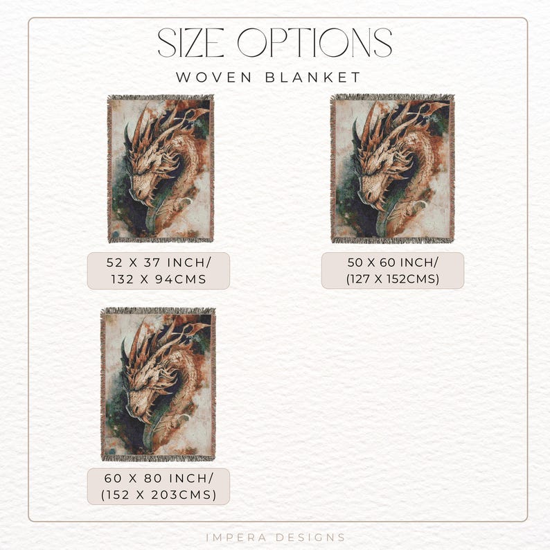 May include: Three woven blanket options featuring a dragon design. The blankets are available in three sizes: 52 x 37 inches, 50 x 60 inches, and 60 x 80 inches.