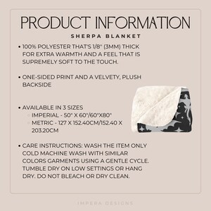 May include: A white sherpa blanket with a black and white print of stars and a unicorn. The blanket is 100% polyester and is available in three sizes: 50" x 60", 60" x 80", and 127 cm x 152.4 cm. Care instructions: Wash the item only cold machine wash with similar colors garments using a gentle cycle. Tumble dry on low settings or hang dry. Do not bleach or dry clean.