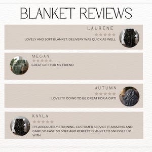 May include: A collage of customer reviews for a blanket. Each review includes a star rating, a customer name, and a comment about the blanket. The comments include phrases like "lovely and soft", "great gift", "love it", and "absolutely stunning".