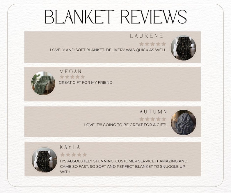May include: A collage of customer reviews for a blanket. Each review includes a star rating, a customer name, and a comment about the blanket. The comments include phrases like "lovely and soft", "great gift", "love it", and "absolutely stunning".