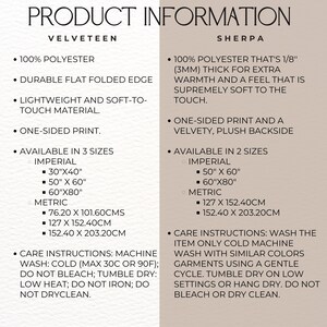 May include: Product information for two types of fabric: Velveteen and Sherpa. Both fabrics are 100% polyester. Velveteen is described as durable, flat folded edge, lightweight, soft-to-touch, and one-sided print. Sherpa is described as 1/8 inch thick, extra warmth, soft to the touch, one-sided print with a velvety plush backside. Both fabrics are available in multiple sizes in imperial and metric measurements. Care instructions are provided for both fabrics.