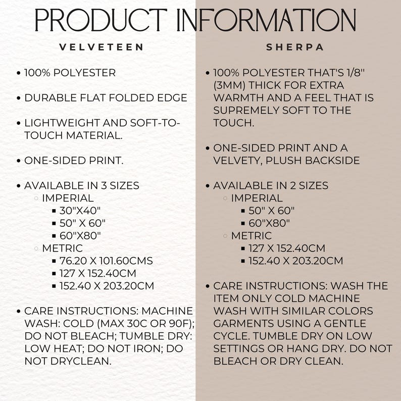 May include: Product information for two types of fabric: Velveteen and Sherpa. Both fabrics are 100% polyester. Velveteen is described as durable, flat folded edge, lightweight, soft-to-touch, and one-sided print. Sherpa is described as 1/8 inch thick, extra warmth, soft to the touch, one-sided print with a velvety plush backside. Both fabrics are available in multiple sizes in imperial and metric measurements. Care instructions are provided for both fabrics.