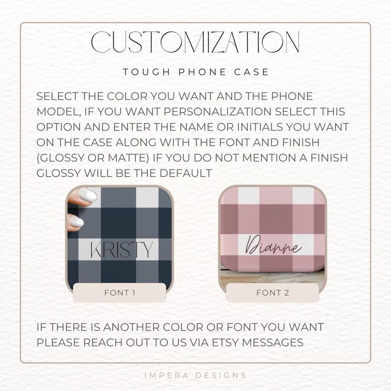 May include: Two phone cases with a plaid pattern. The case on the left is blue and white and says "Kristy" in a simple font. The case on the right is pink and white and says "Dianne" in a cursive font. Both cases have the text "Font 1" and "Font 2" below them.