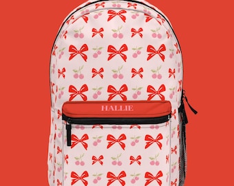 Y2K kersenprint schooltas meisjes boog kersenrode rugzak schattige roze esthetische rugzak voor tieners aangepaste naamtas gepersonaliseerd cadeau voor dochter