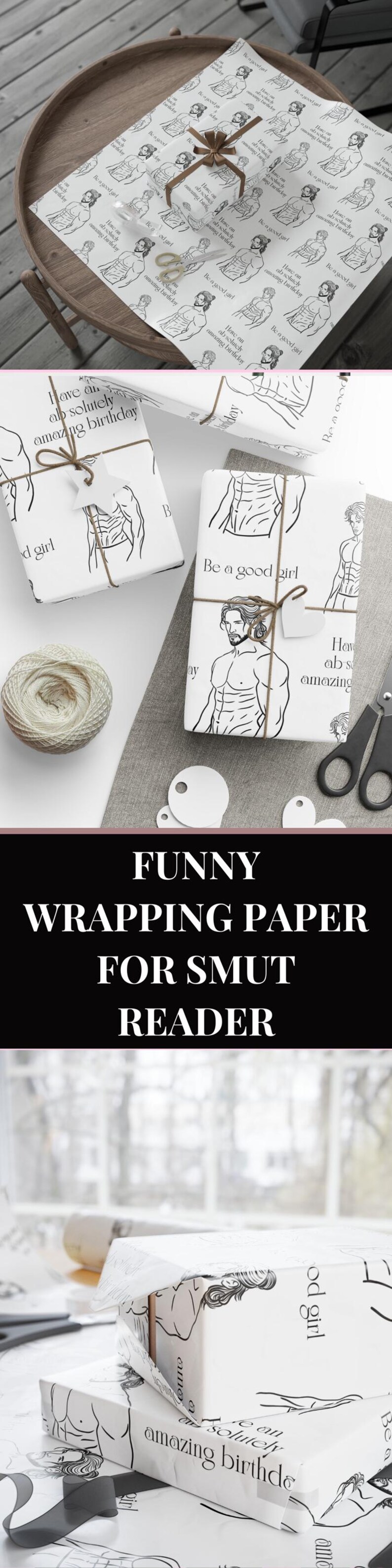 May include: White wrapping paper featuring a black line drawing of a muscular man. The paper is used to wrap gifts and is tied with twine. Text on the paper reads "Have an absolutely amazing birthday."