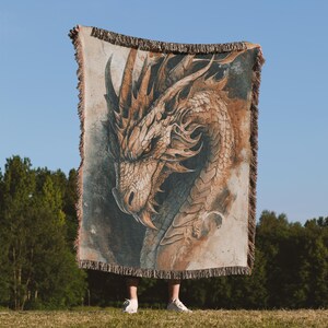 Rustic fantasy throw with dragon design perfect for book lovers and gamers medieval aesthetic. dragon woven blanket for fantasy lover fans of fourth wing book lover gift castlecore dragon blanket dragon rider books