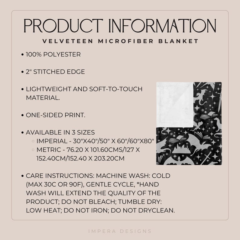May include: A black and white microfiber blanket with a print of dragons, swords, and books. The blanket is available in three sizes: 30" x 40", 50" x 60", and 60" x 80".