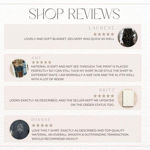 May include: Four customer reviews for an online shop. Each review includes a star rating, a customer name, a product description, and a photo of the customer. The reviews are for a blanket, a t-shirt, and two other items.