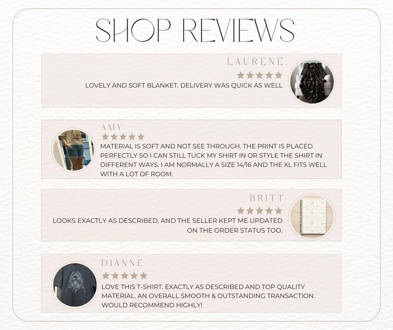 May include: Four customer reviews for an online shop. Each review includes a star rating, a customer name, a product description, and a photo of the customer. The reviews are for a blanket, a t-shirt, and two other items.