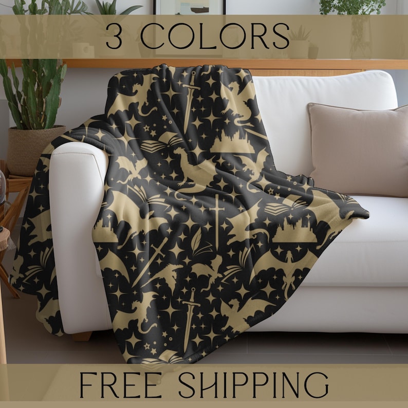 fantasy black and tan blanket with dragons, castles, swords and stars for book lover fans of fantasy and gamers