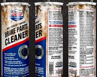 May include: A cylindrical can of Lucas Oil Products Inc. Non-Chlorinated Brake Parts Cleaner. The can has a blue and red label with text and a diagram of a brake rotor. Net weight is 14 oz / 397 grams.