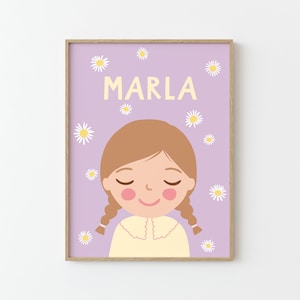 Personalisiertes Portrait Mädchen mit dunkelblonden Haaren Blumen | Illustration | Poster für Kinder | Kinderzimmer
