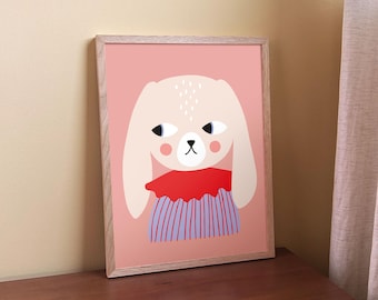 Floppy Ear Bunny Print – Pink Rabbit Poster for Kids Room Decor, Nursery Wall Art
