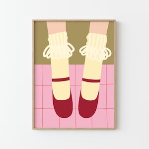 Zapatos Mary Jane Impresión / Ilustración / Póster para niños / Decoración de pared / Habitación infantil / Calcetines de encaje / Bailando / Rojo, amarillo, rosa y verde