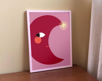 Friendly Red Moon Nursery Print | Playful Kids Wall Decor
