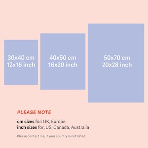 May include: Three different sizes of prints are shown in blue on a light pink background. The sizes are 12x16 inches, 16x20 inches, and 20x28 inches. The text "PLEASE NOTE" is written in orange below the prints. The text "cm sizes for: UK, Europe" and "inch sizes for: US, Canada, Australia" is written in black below the note. The text "Please contact me, if your country is not listed." is written in black below the sizes.