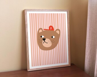 Bear with red cap – Art Print for kids' room wall decor