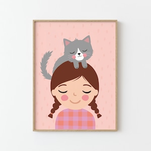 Personalisiertes Portrait Mädchen mit Katze | Beste Freunde | Illustration | Poster für Kinder | Kinderzimmer