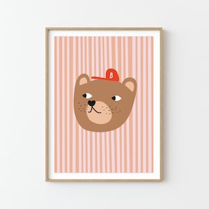 Bear with Cap Print | Illustration | Poster for kids | Wall decor | children's room nursery | stripes