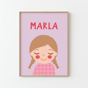 Personalisiertes Portrait Mädchen mit dunkelblonden Haaren | 30x40 & 50x70 | rosa lila | Illustration | Poster für Kinder | Kinderzimmer