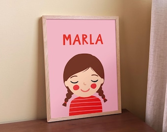 Personalized Girl Portrait brown hair – Custom Nursery Wall Art with Name