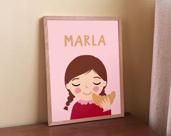 Personalized Girl Portrait brown hair and Croissant – Custom Nursery Wall Art with Name